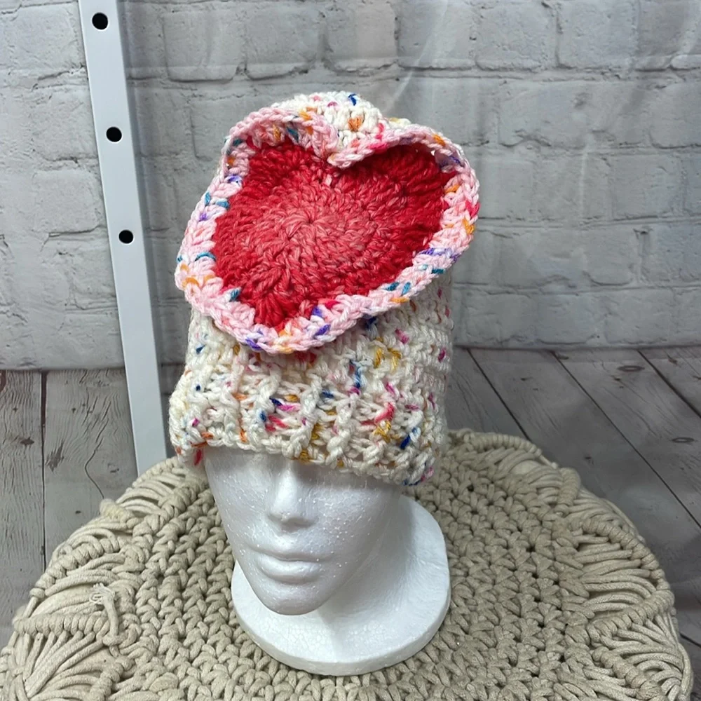 Handmade crochet heart ruffle beanie hat